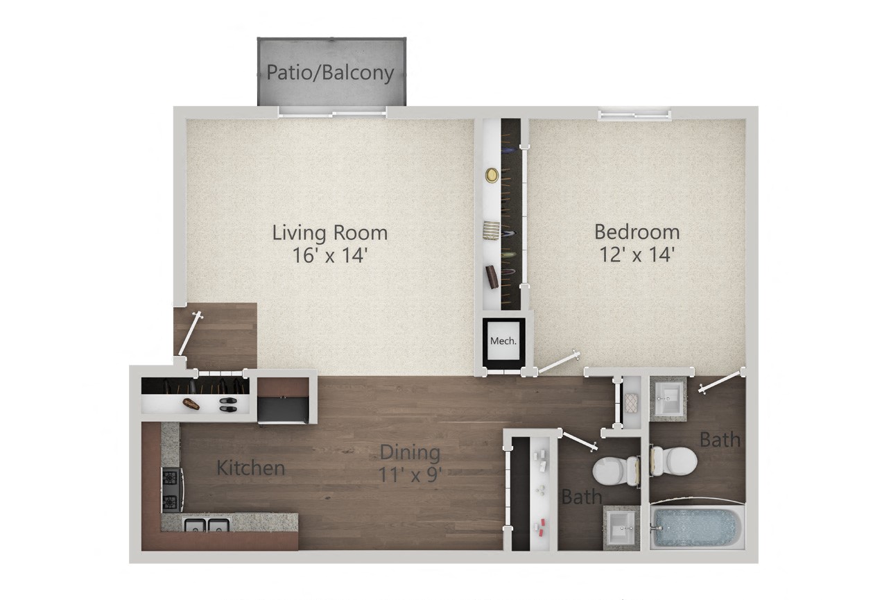 Floor plan for 1 bed, 1.5 baths, 800 sqft